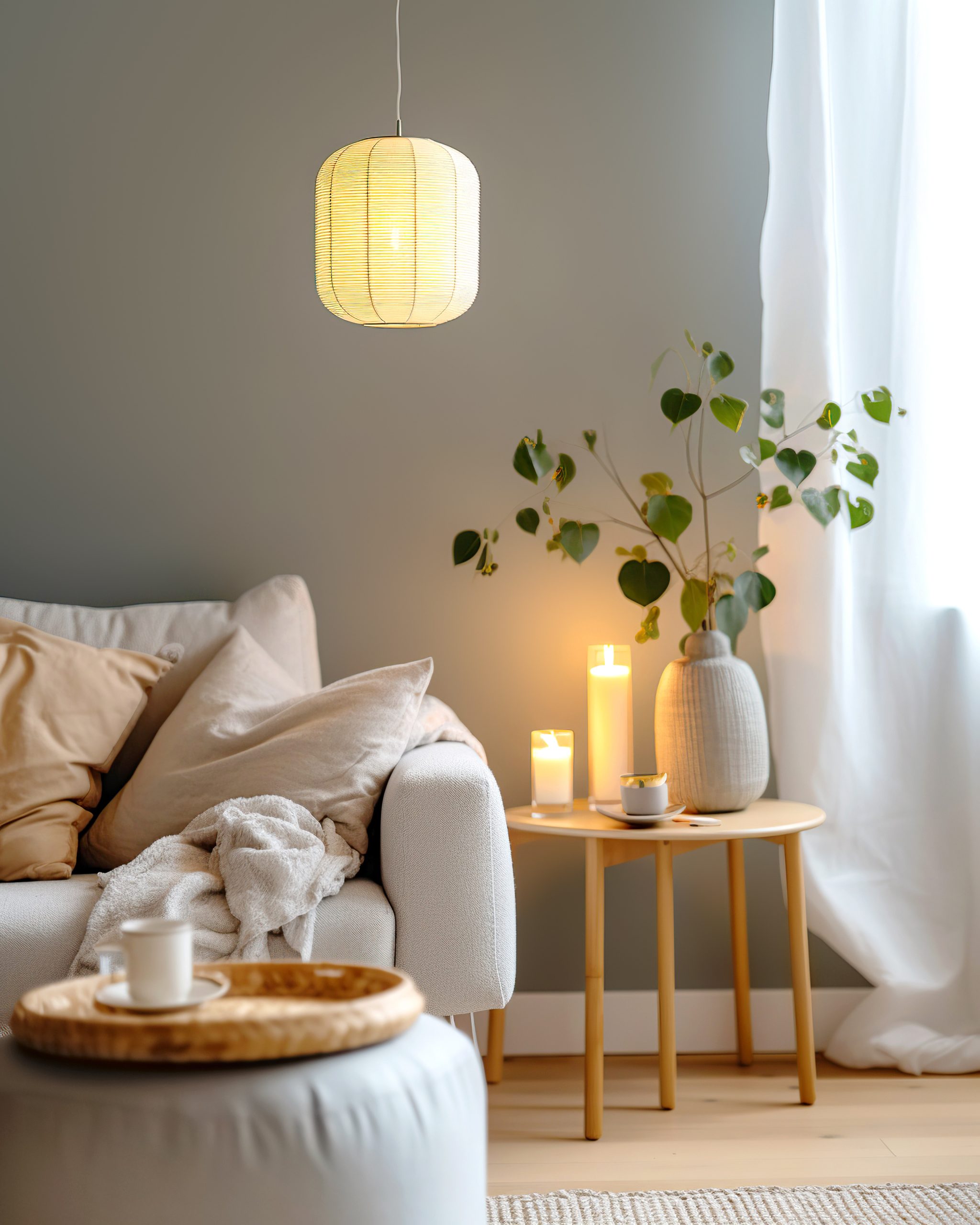 Layered lighting creates warm ambiance in small apartment
