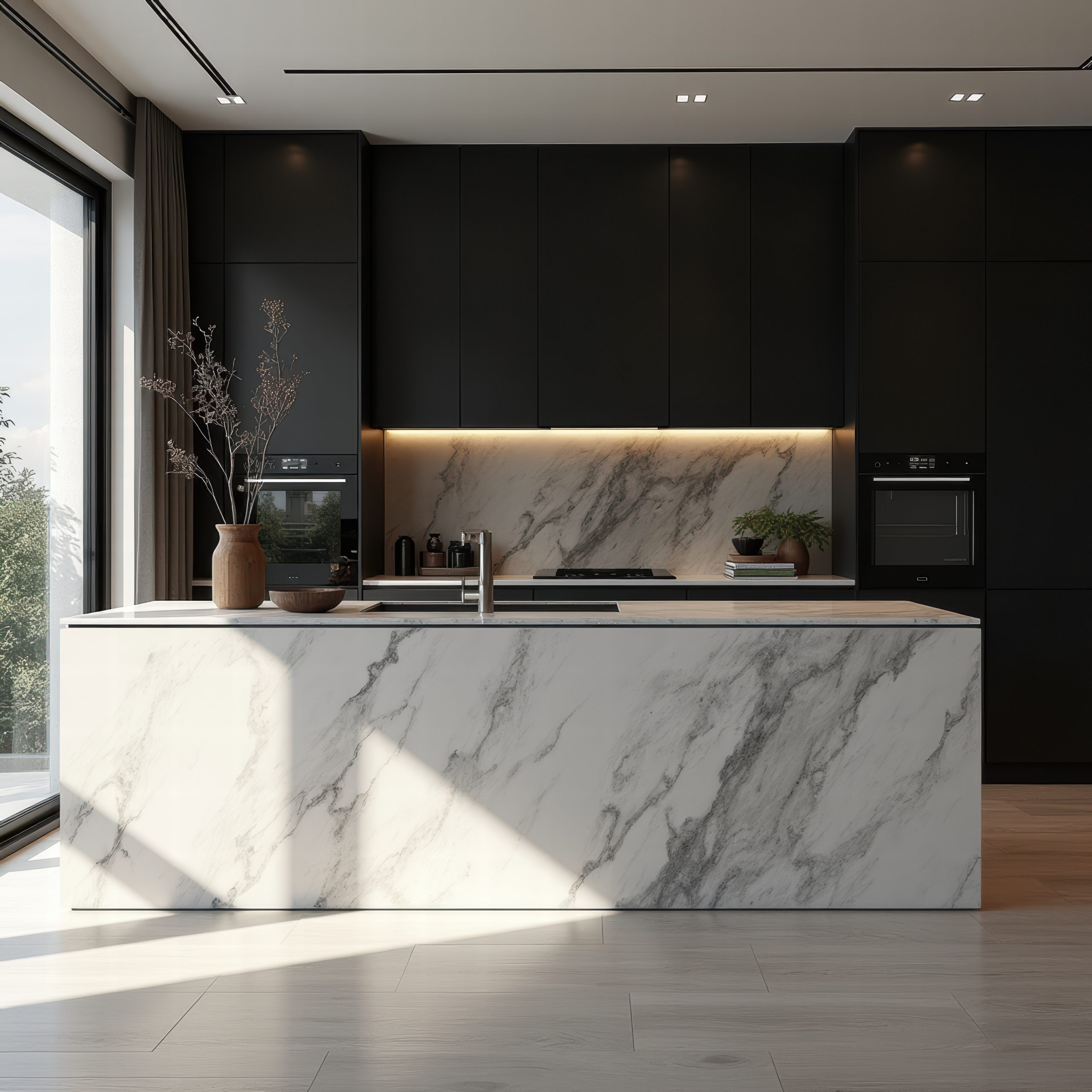 monochromatic balck kitchen island bench modern design