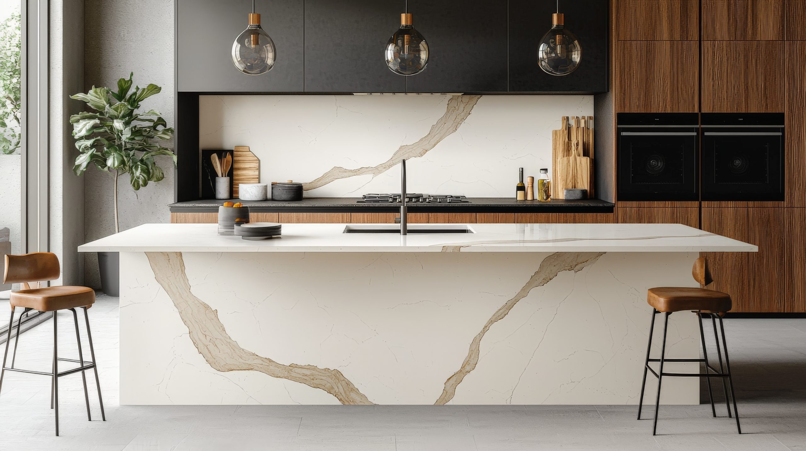 thin profile cantilevered kitchen island bench modern