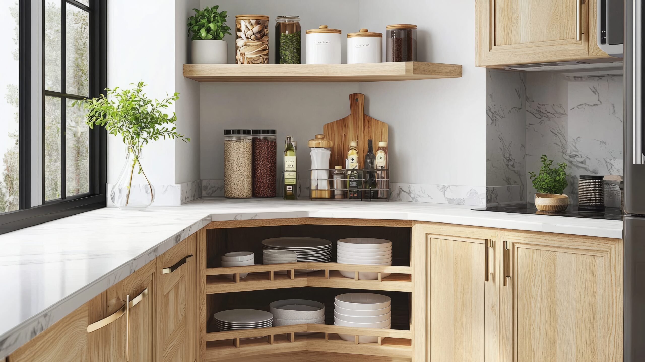 corner kitchen shelving unit with doors