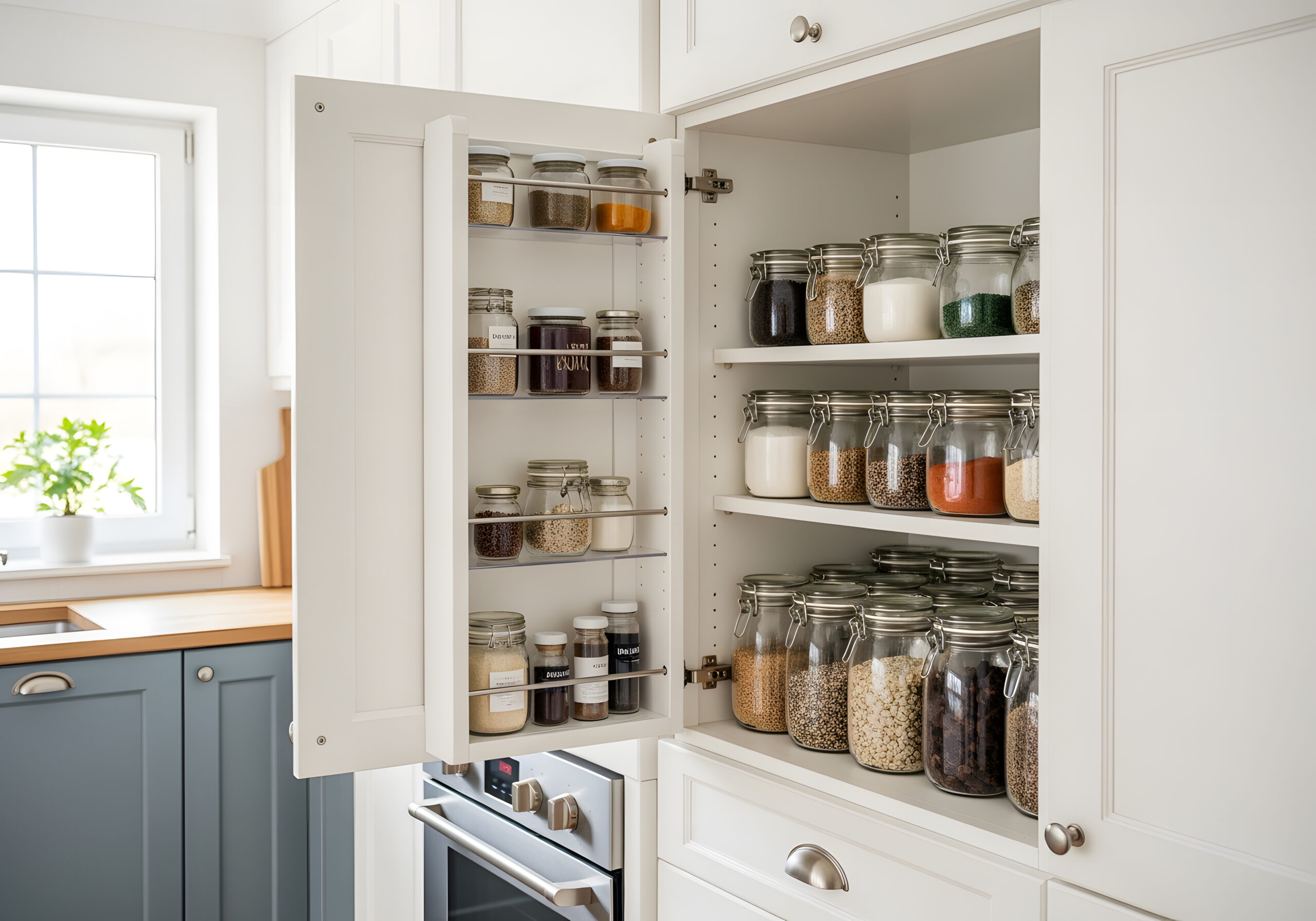Small kitchen shelving unit with doors