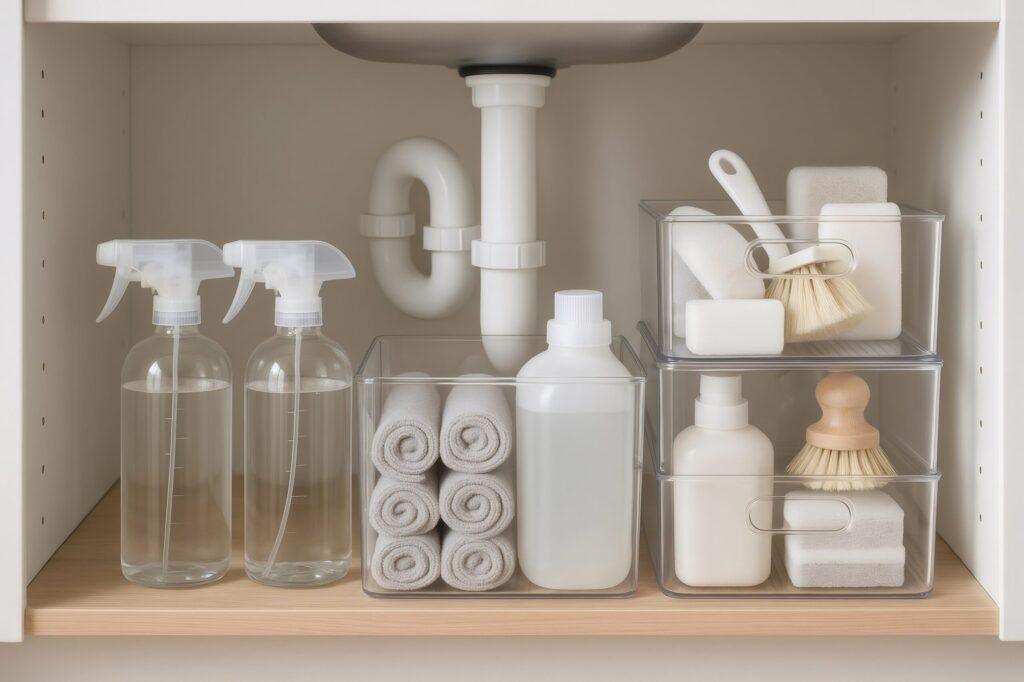 stackable bins under sink bathroom