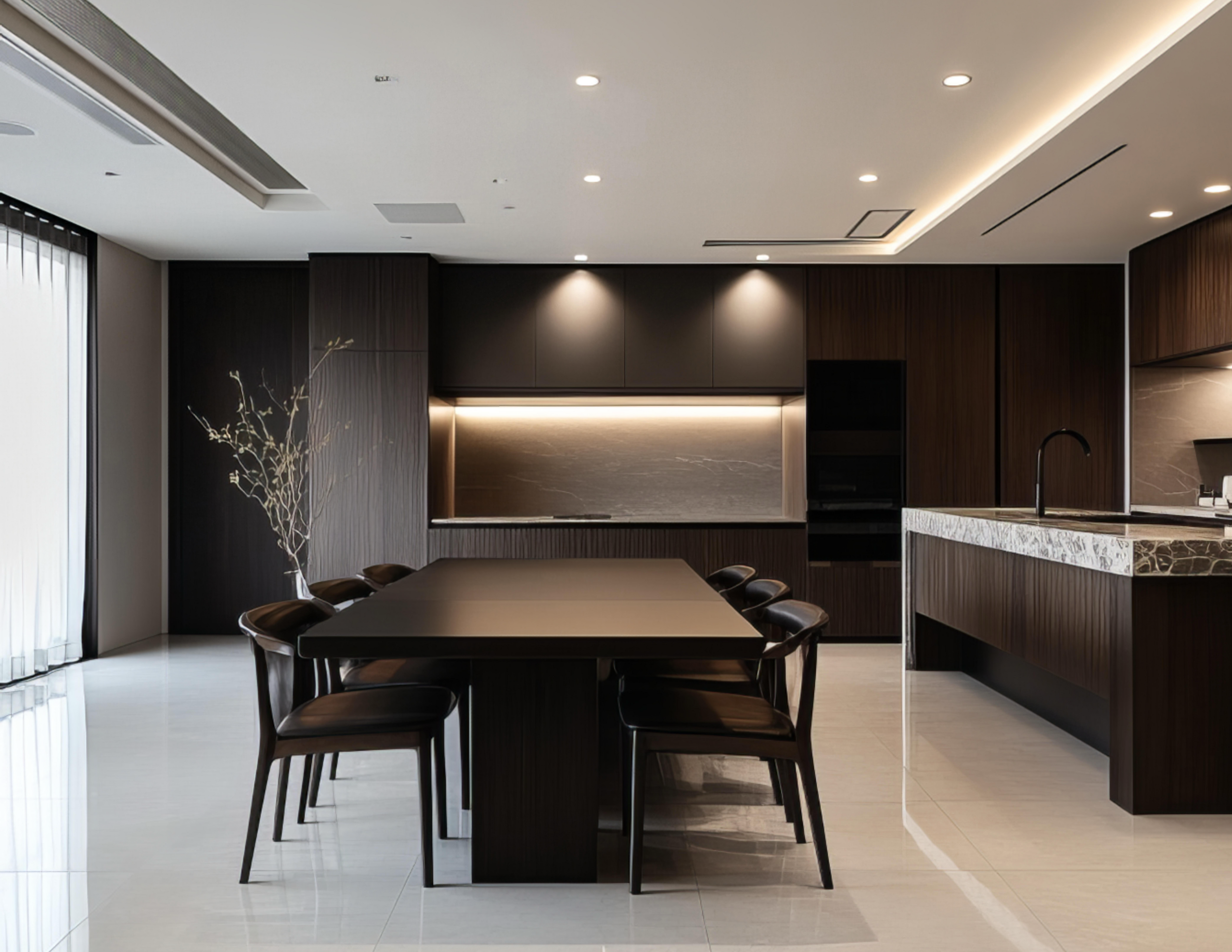 velvet and wood dining room interior