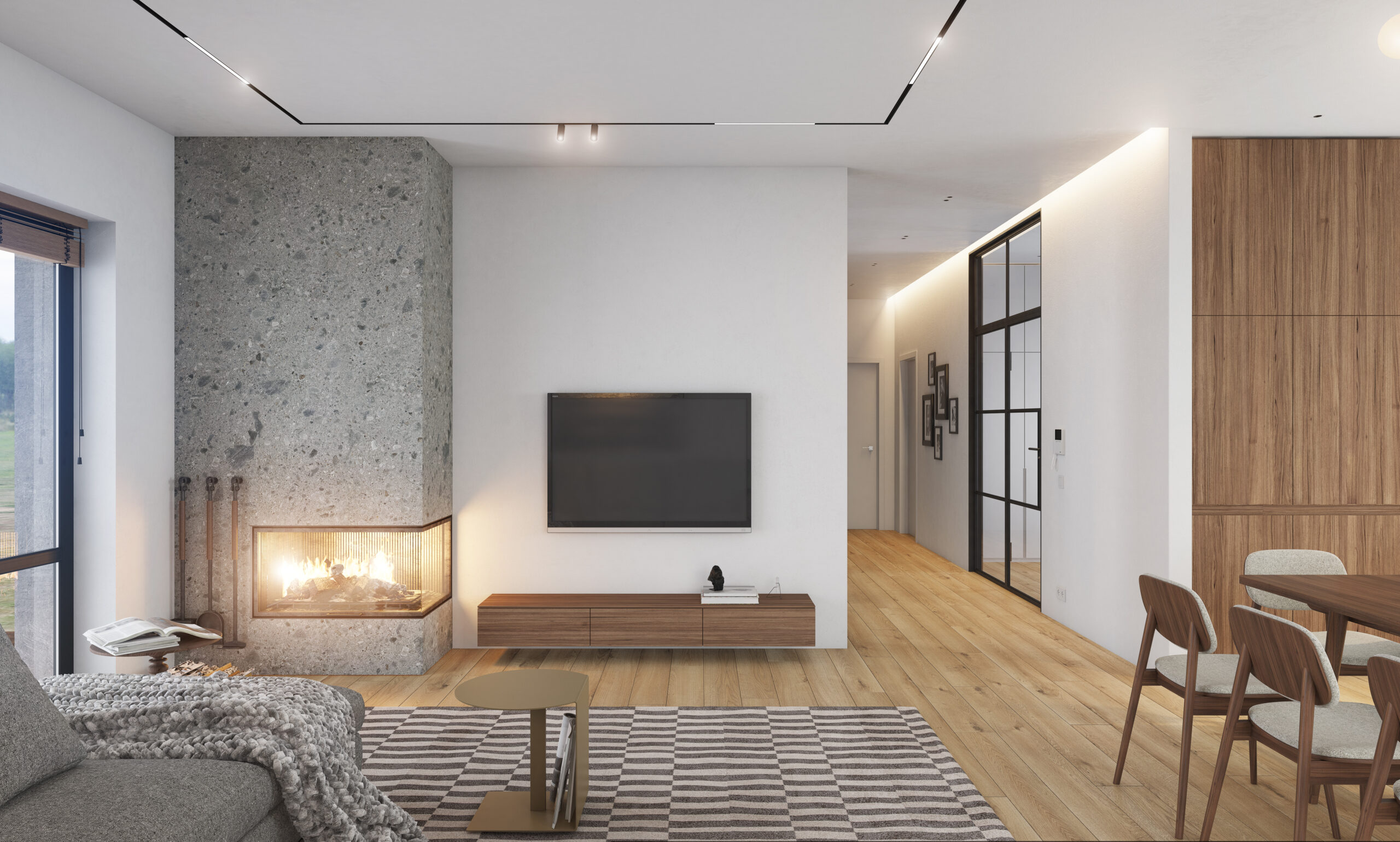 L-shaped sectional tv fireplace